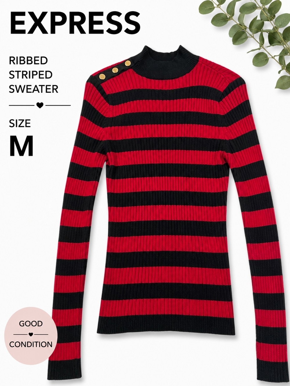 Express Red and Black Ribbed Striped Mock Neck Sweater